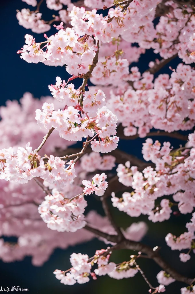 highest quality、Cherry blossoms at night、Cherry tree in full bloom、full moon、petal、light up、beautiful