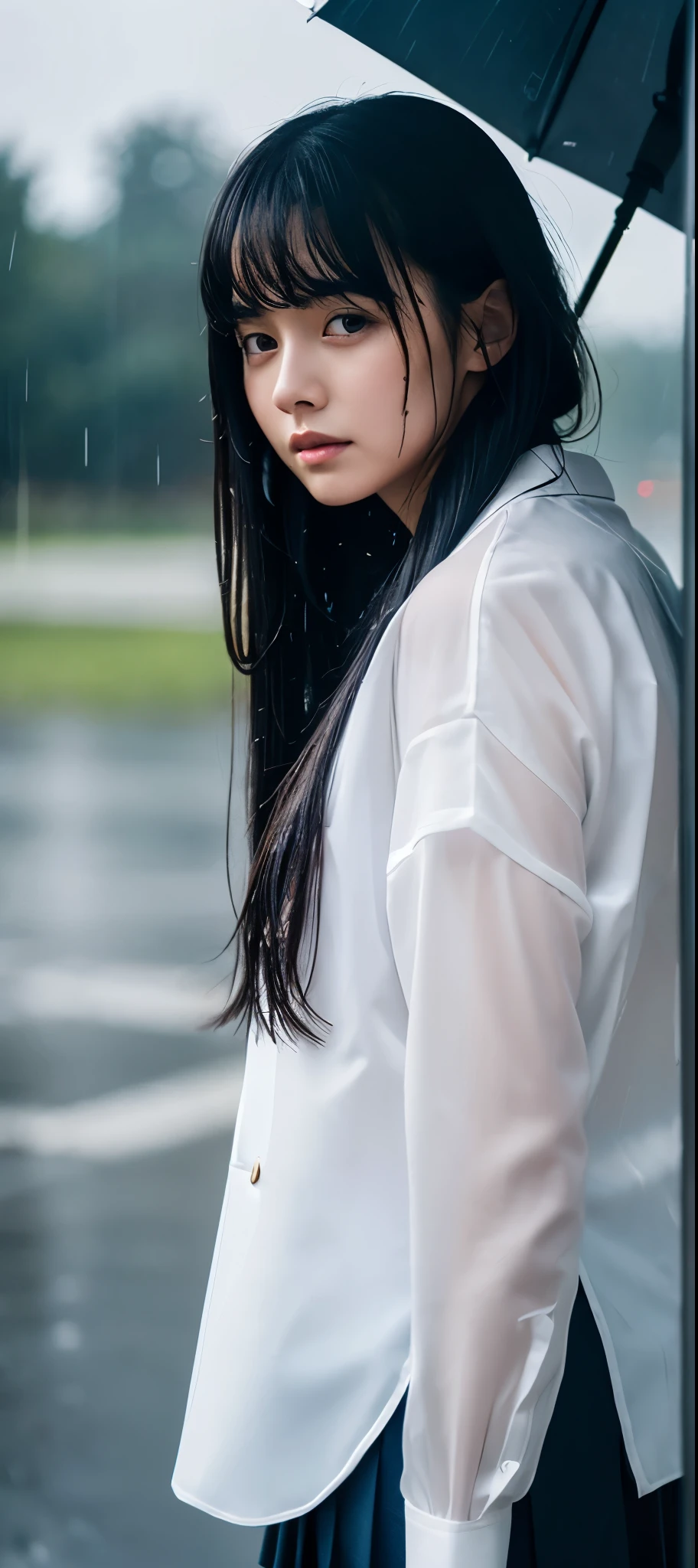 1girl, long black hair, uniform, shy, blush, wet, rain, transparent, (masterpiece, best quality), soft light, cinematic composition, cinematic light