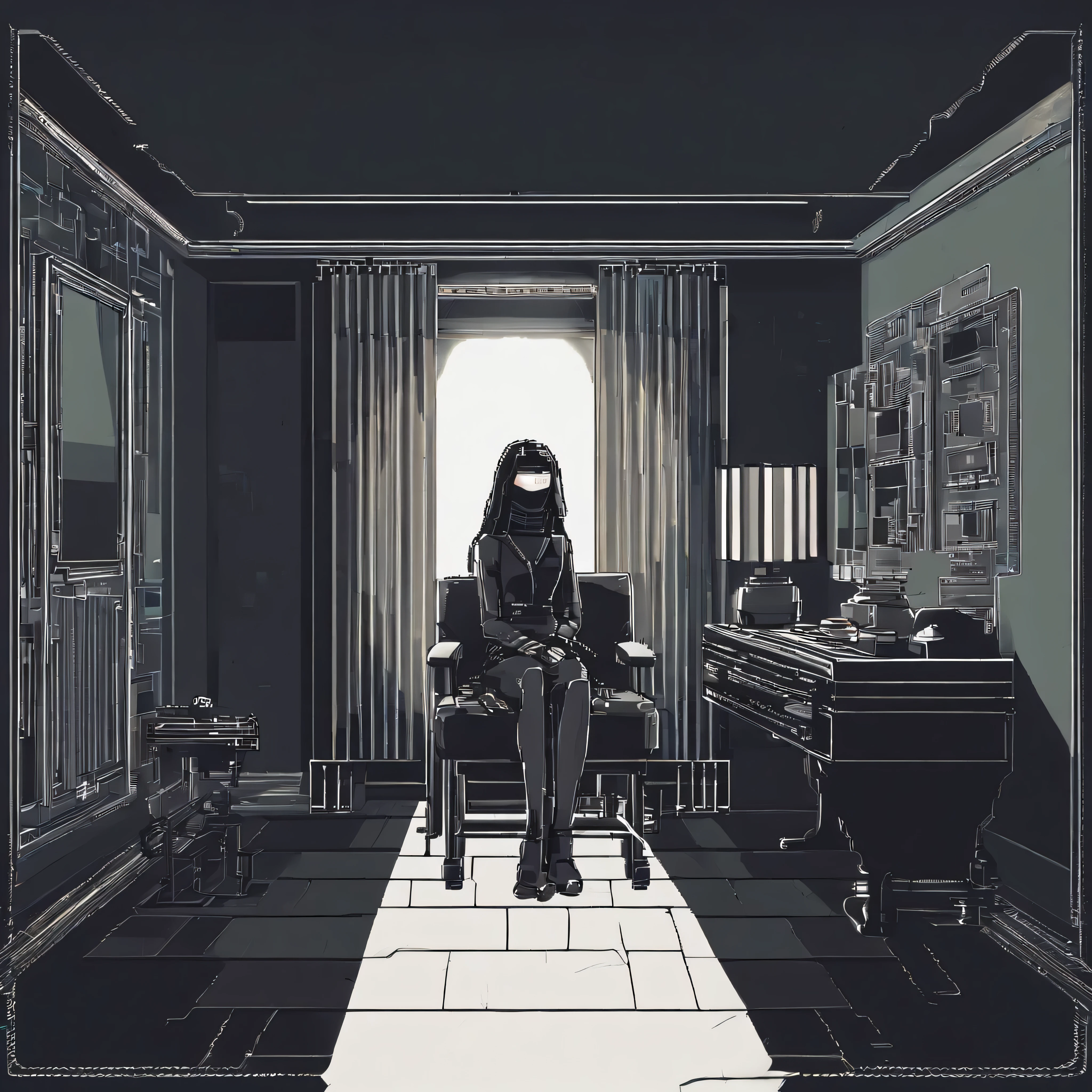 A dark room with the only light shining on an empty chair in the center. On the chair, there is a woman with a wolf cut hairstyle, wearing a plain mask without any design. She sits in a position that conveys loneliness and emptiness.