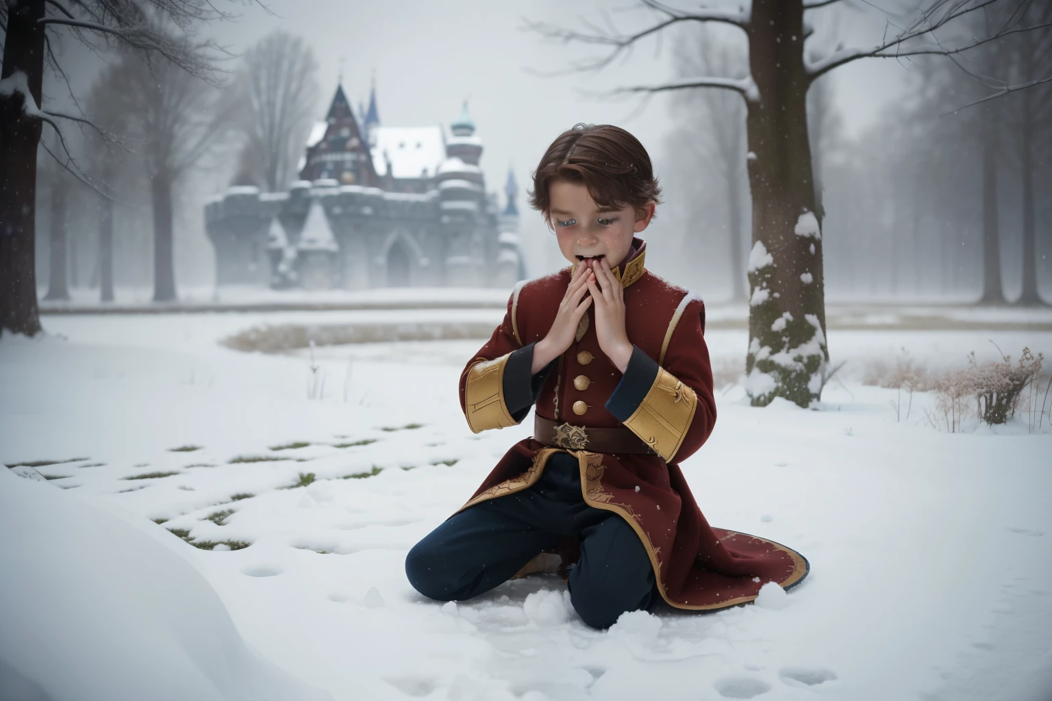 Fairytale Kingdom of Fantasia. ((((10-year-old)) Bastian Balthazar Bux)), german boy, shy, lively eyes, ((horror expression, crying)). ((((german classic prince clothings)))), ((dark-chestnut hairstyle)). Kneeling down in the snow, next to a ((broken glass mosaic)).