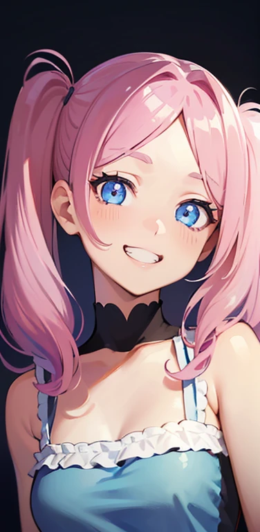 Realistic、1girl、pink hair、twintails、blue eyes、(eye focus:1.3,face focus:1.3,upper body:1.5),(gradient eyes:1.3),(camisole)、open mouth,(grin smile:1.3),forehead,cute face,portrait,