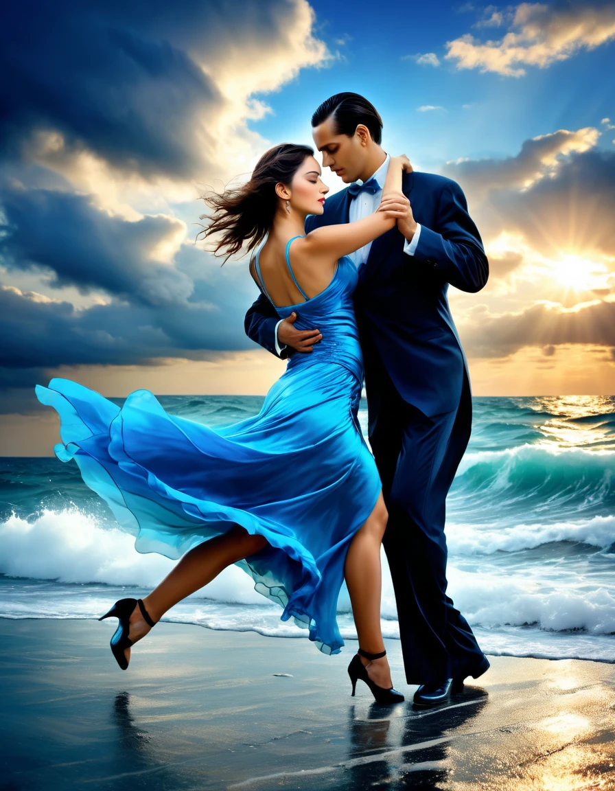 A beautiful couple dancing tango, a beautiful couple dancing tango on the sea, (epic ocean: 1.5), the beautiful couple loves dancing tango, ((wind effect)),,(mythical atmosphere), light enters the clouds, magnificent clouds, blue theme, epic ocean