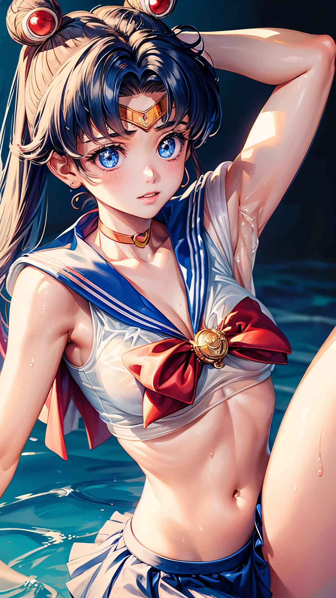 Sailor moon, ( upper body closeup shot ), stripping, wet bikini, orgasam, very seductive expression, very cute, cute, bikini, wet clothes, see through, clevage, wet,seductive pose, ultra high quality, ultra high definition, ultra realistic, 8k, masterpiece