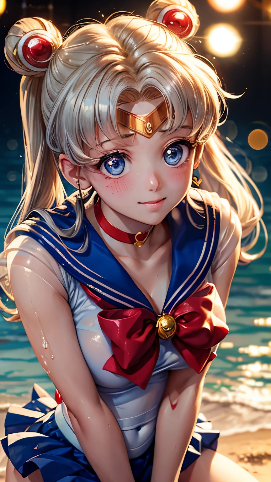 Sailor moon, ( upper body closeup shot ), ( Bokeh effect), stripping , shy, white bikini, wet clothes, see through, clevage, wet, anime,seductive pose, smiling, cute, blushing, ultra high quality, ultra high definition, ultra realistic, 8k, masterpiece