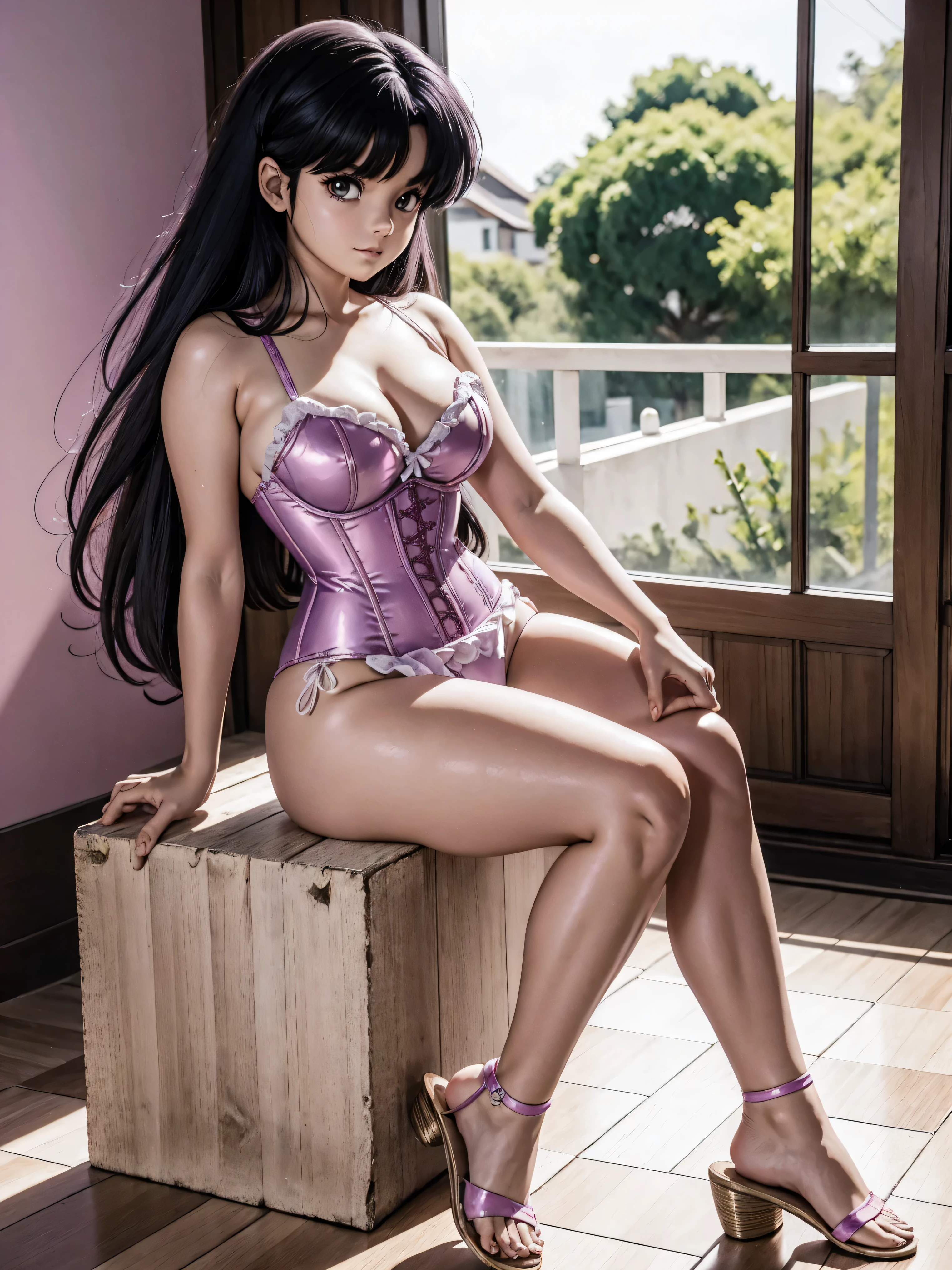 Dark-haired anime girl in pink swimsuit/purple e espartilho e saia transparente, 16 anos, corpo bonito,  grandes, com hand in panties , hand in hair, Garota sensual, purple cabelo, mechas de cabelo laterais, mechas de cabelo na lateral do rosto, beautiful lighting, sombras suaves, olhos azuis, pernas bonitas, cabelo curto, estilo anime, personagem Akane Tendo, Autora Rumiko Takahashi, Baseado em obra de Rumiko Takahashi, Anime Ranma 1/ 2, decote sensual, quadril robusto, corpo inteiro, corpo inteiro, busto grande, garota jovem com corpo belo e bonito, sandals on his feet, garota 16 anos jovem, usando maiô e corset pink, garota anime, estilo anime, beautiful feet in sandals, 45° viewing angle, ao ar livre, peito grande,  bonitos, cabelo preto, sandals on the feet, pernas bonitas, sensual, belas pernas, Sandalias,  grandes, corpo completo, corpo inteiro, feet with sandals, anime realista, personagem realista sensual, postura reta, ao ar livre, calcinha pink, hand in panties, hand in panties,  grandes, sorrindo, saia transparente brilhante, peituda, translucent skirt, olhos castanhos