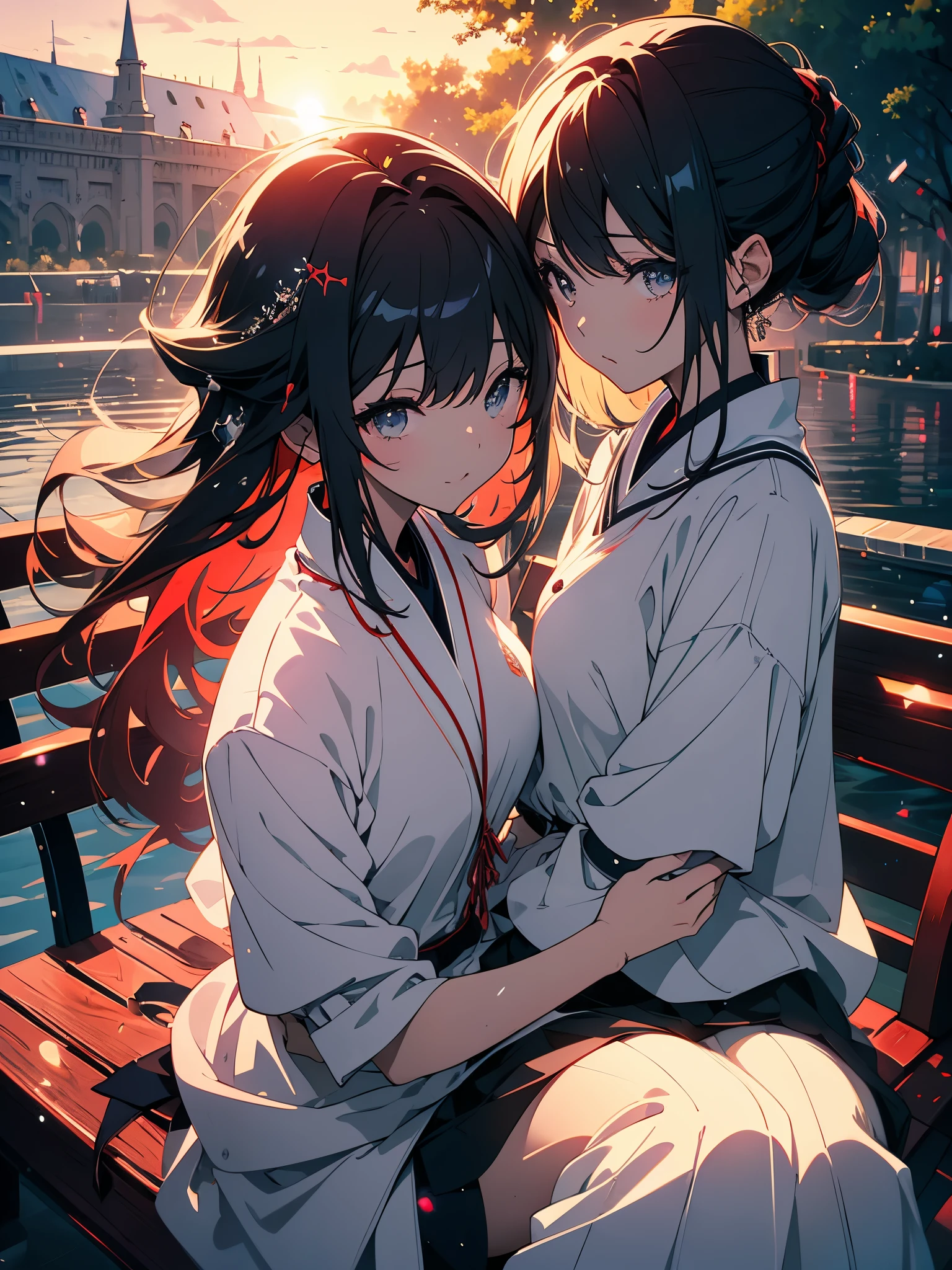(highest quality、masterpiece、High resolution、detailed)、(Shining eyes、detailed美しい顔)Intimate and high quality photos (couple:1.2), sit on (bench:1.1), (enchanting light:1.1), sexy, Passionate, 絶妙にdetailed, (Sweat:1.1) and (sparkling water droplets:1.1), castle background, Sony Alpha 7R IV Camera, digital photography, f/2.8 lenses, black red, , Too many anime textures, social media trends, night light、beautiful anime