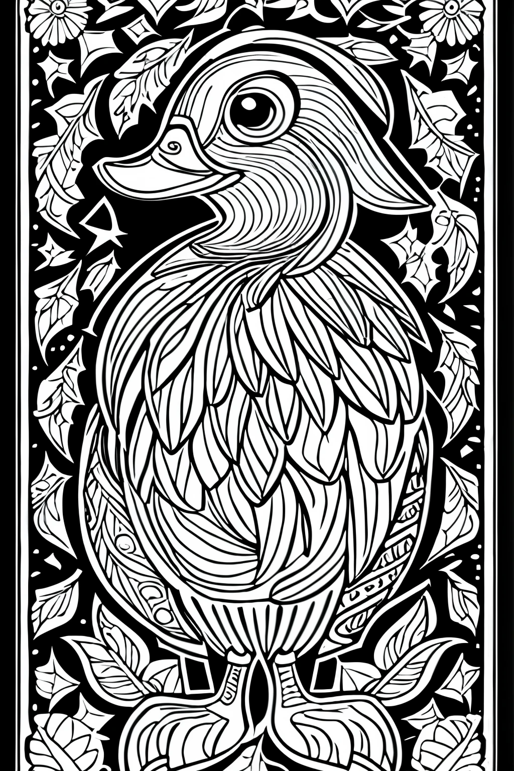  create a picture of a coloring book page with a smiling  duck, in Disney style simple line illustration style, with puzzle pieces and a very bold line. It will only be in black and white, sem cinza, and you will have a high quality full body view