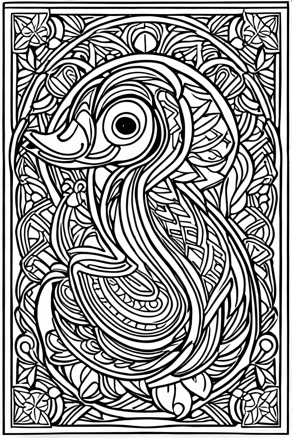  create a picture of a coloring book page with a smiling  duck, in Disney style simple line illustration style, with puzzle pieces and a very bold line. It will only be in black and white, sem cinza, and you will have a high quality full body view