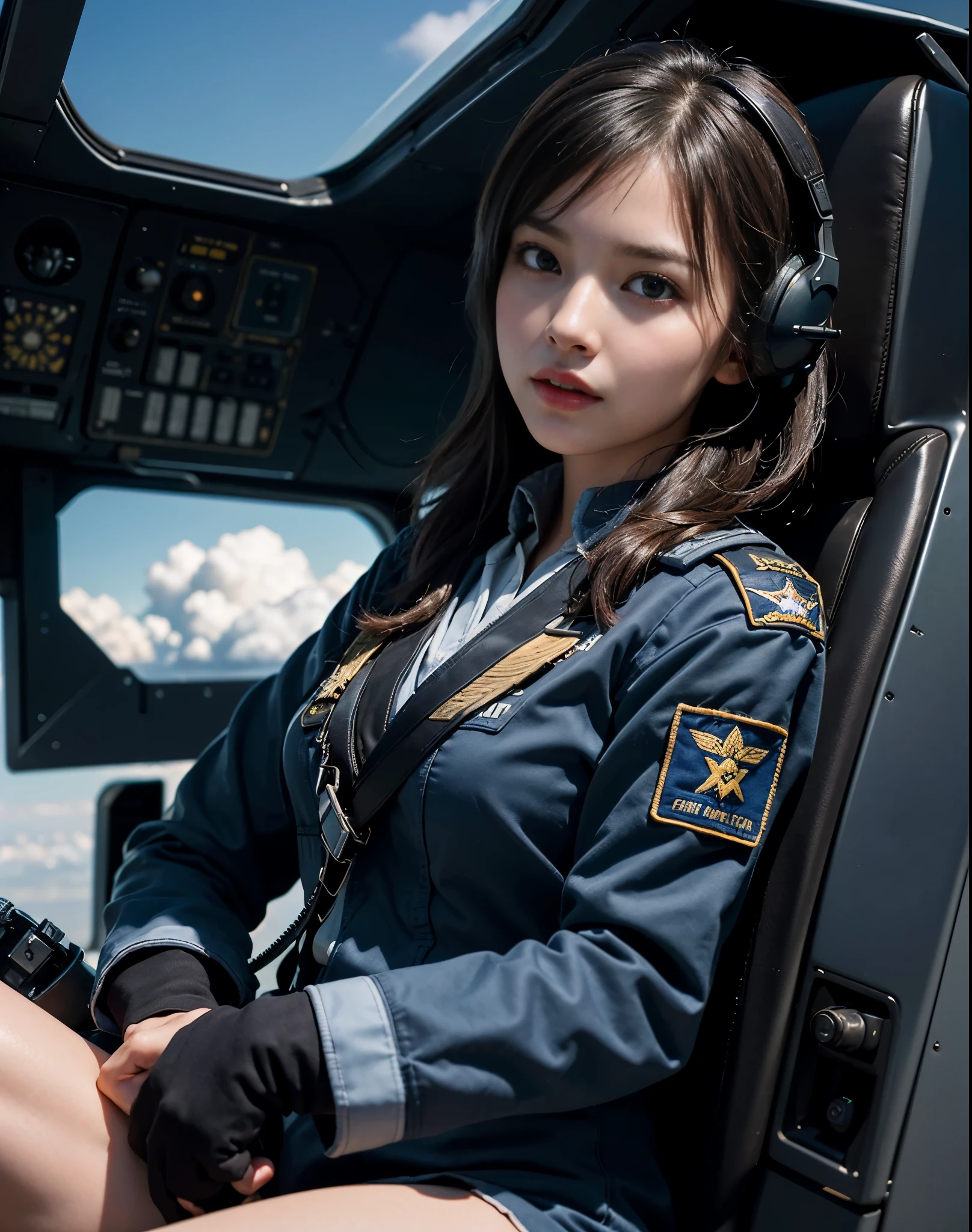 (muste piece), (Super detailed), (masterpiece), An illustration, (Female pilot in the cockpit of a reconnaissance plane), (airplane cockpit), (in flight), (10000 feet altitude)、(sky view)、(above the clouds)、(radar site), (Realistic), (wearing a pilot&#39;s uniform), (Holding the control stick and controlling), (Has a communication intercom), Subtle and natural lighting effects, Optimizing equipment details、(1 girl) , (military pilot uniform), (panties)、Inside the cockpit , (patrol aircraft cockpit), Sit in the cockpit and look ahead, operating the control stick、 (Shining metal:1.1), Many buttons、Dial、surrounded by games, 8k wallpaper, Advanced, (sophisticated design),