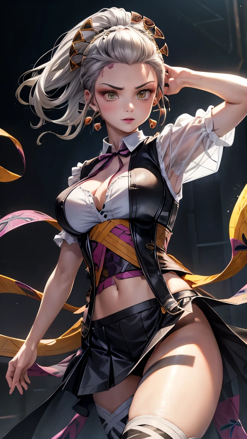 Girls, gray-haired, short-haired, yellow-eyed, small breasts, cat hair ornament, sidelocks, gray-haired, shiny hair, uniform, (golden eyes: 1.2), (two long triangular extensions on the skirt, vest corset on the stomach), white buttons of the vest corset, (stripped shirt with short sleeves under the vest corset), (sleeves ends closer to the arms), (thick ribbon of black color on the neck), ( short magenta skirt),