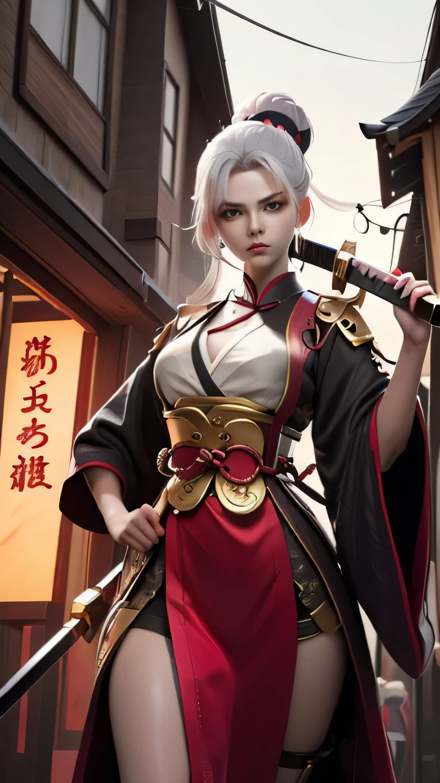 two very beautiful cyberpunk samurai women, she is holding a katana sword, unsheathing the katana, she is holding a sword, extremely ornately decorated Han hometown, Anime style 3D realistic, cgsociety anime fantasy artwork 9,2.5 D cgi, realistic anime 3 d.pose beautiful.redAssassin.white hair.