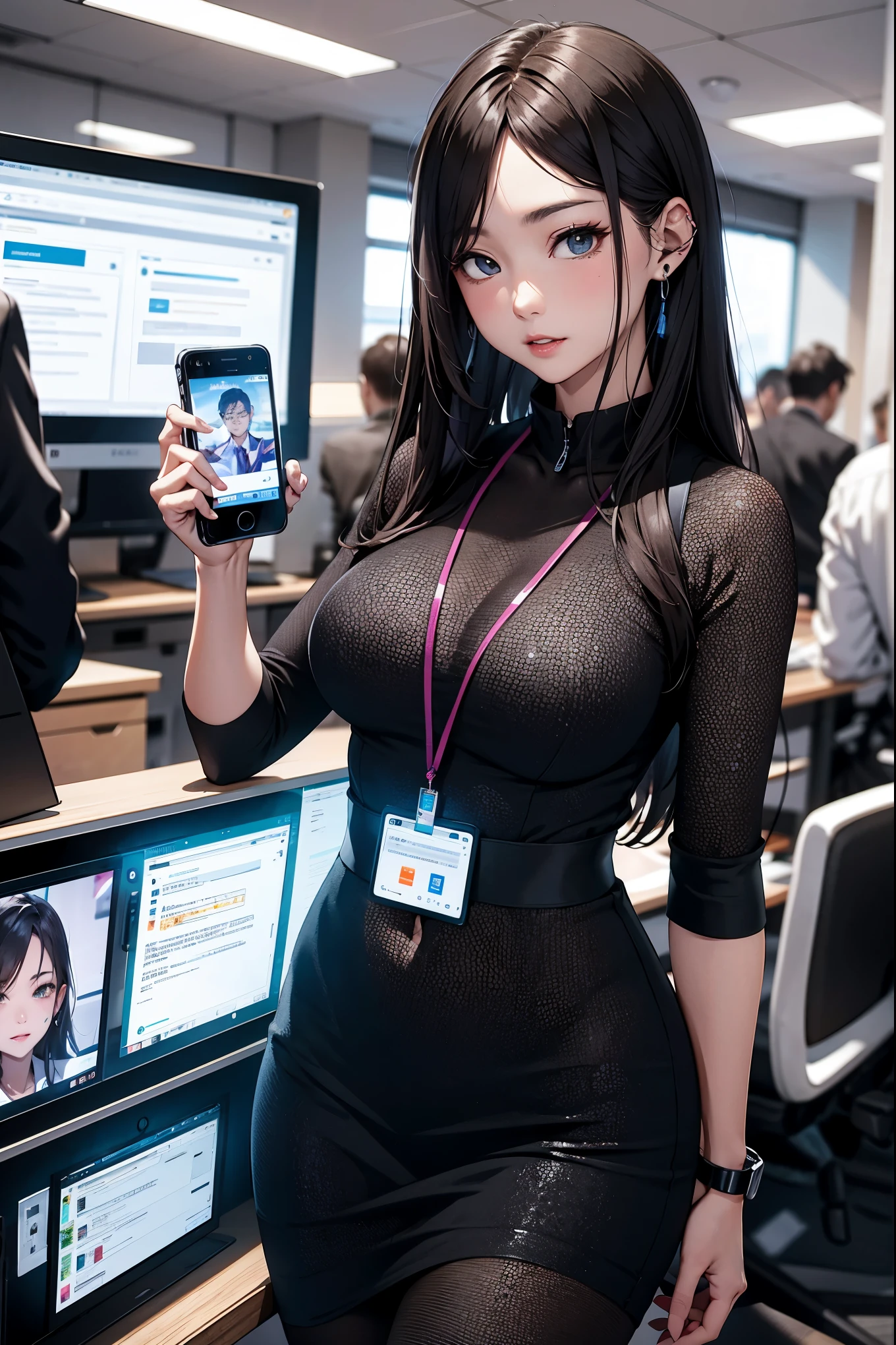 The office district of the near future、Office worker using a smartphone mounted on his arm。Beauty OL,Holograms displayed from a smartphone on your arm、