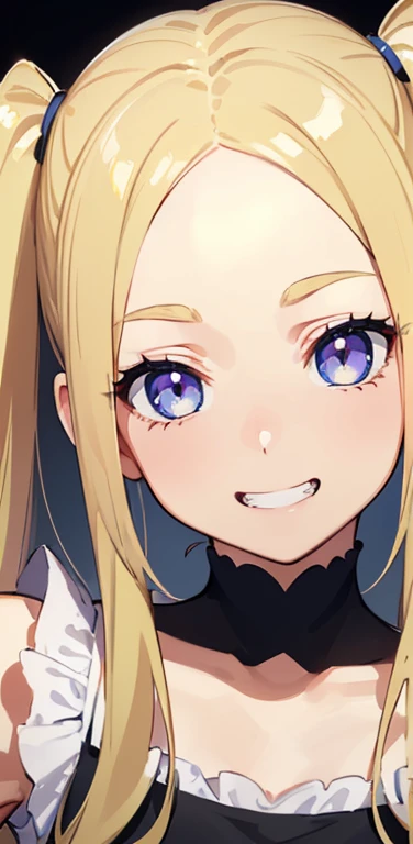 Realistic、1girl、blonde hair、twintails、blue eyes、(eye focus:1.3,face focus:1.3,upper body:1.5),(gradient eyes:1.3),(camisole)、open mouth,(grin smile:1.3),forehead,cute face