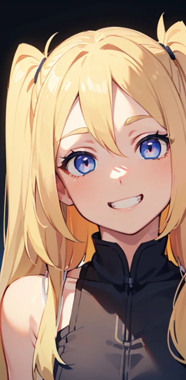 Realistic、1girl、blonde hair、twintails、blue eyes、(eye focus:1.3,face focus:1.3,upper body:1.5),(gradient eyes:1.3),(camisole)、open mouth,(grin smile:1.3),forehead,cute face