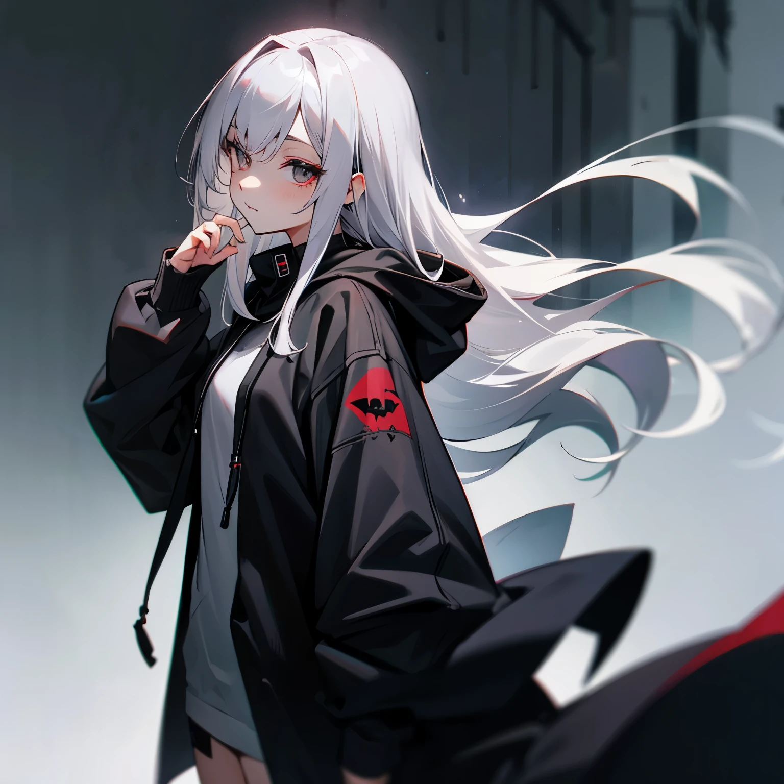 black hoodie　female vampire　gray hair　low length