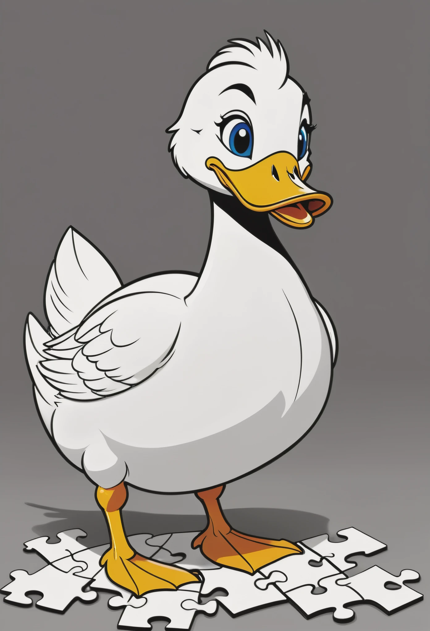 create a picture of a coloring book page with a smiling duck, in Disney style simple line illustration style, with puzzle pieces and a very bold line. It will only be in black and white, sem cinza, and you will have a high quality full body view