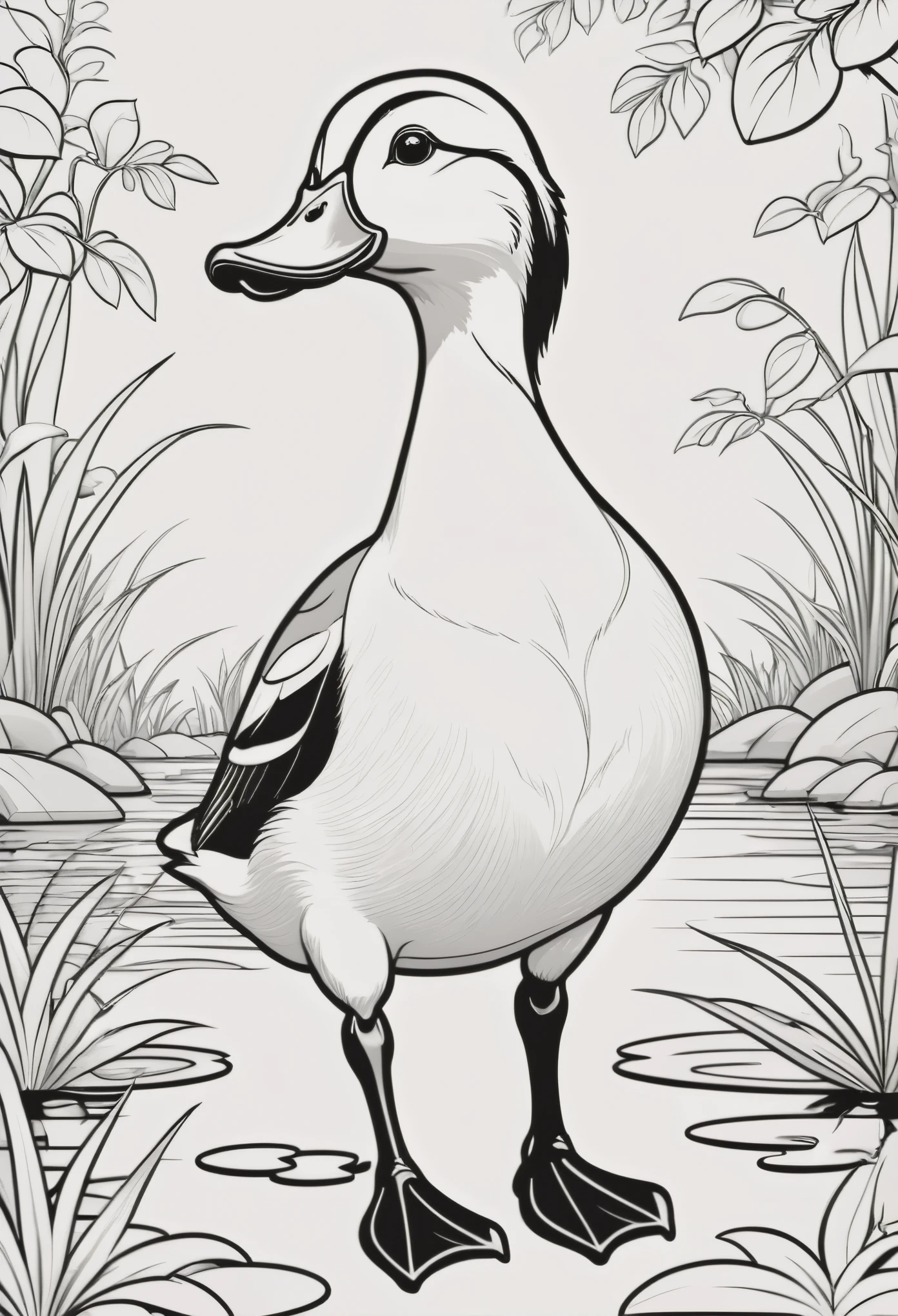 create a picture of a coloring book page with a smiling duck, in Disney style simple line illustration style, with puzzle pieces and a very bold line. It will only be in black and white, sem cinza, and you will have a high quality full body view
