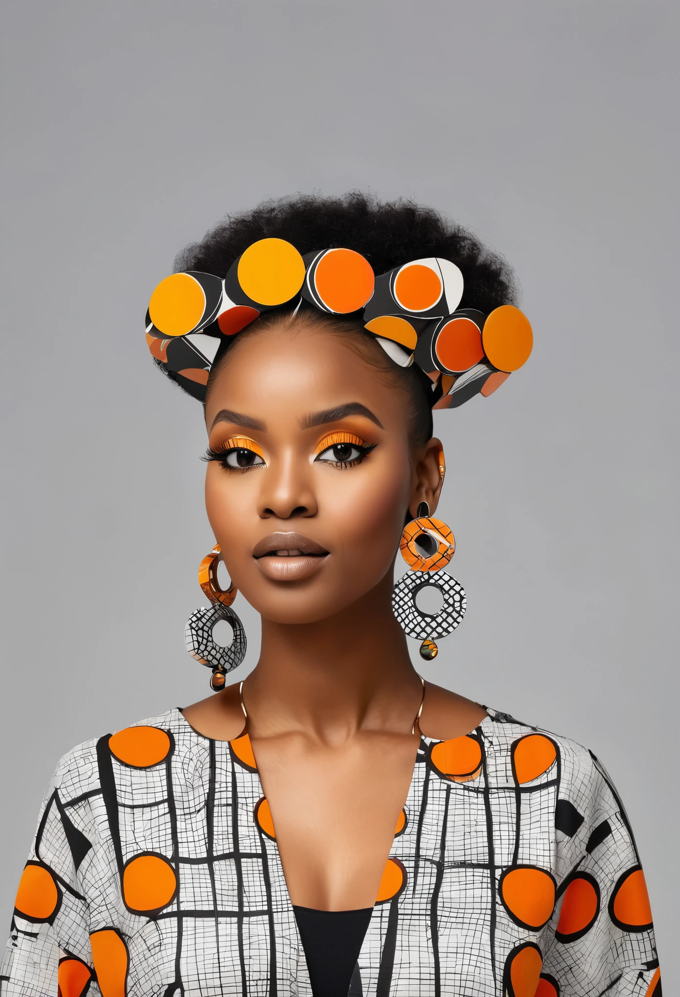 a black woman with a rubix cube and a crescent above her head and a grey and white smoke background with orange circles, african designed earrings 