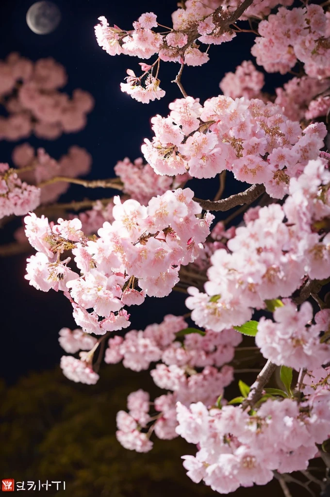 highest quality、Cherry blossoms at night、Cherry tree in full bloom、full moon、petal、light up、beautiful、fantasy