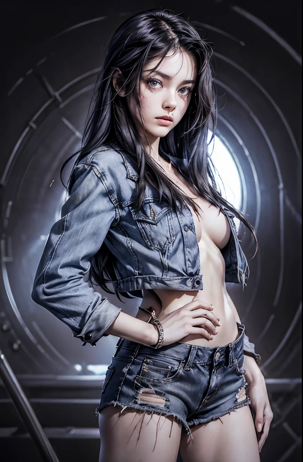 8k, (stand:1.3), slim and fit young girl, perfect medium breast, slim waist, long dark purple straight hair, a lock of hair hides the right eye, burn scar, burn mark on right side of face and body, very tight sexy denim outfit, short shorts, short jacket, cropped t-shirt, holds his hands behind his back, carefully drawn hands, simple white background, mfbp1 