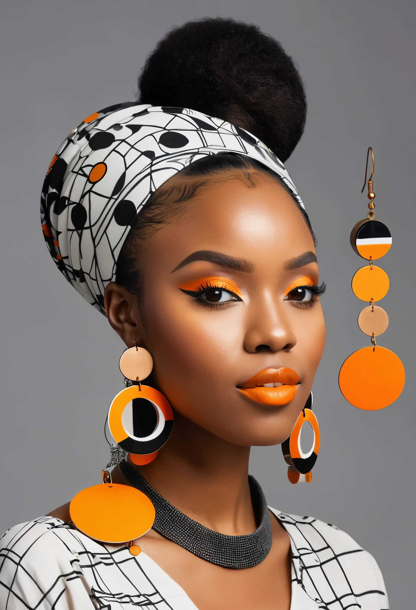 a black woman with a rubix cube and a crescent above her head and a grey and white smoke background with orange circles, african designed earrings 