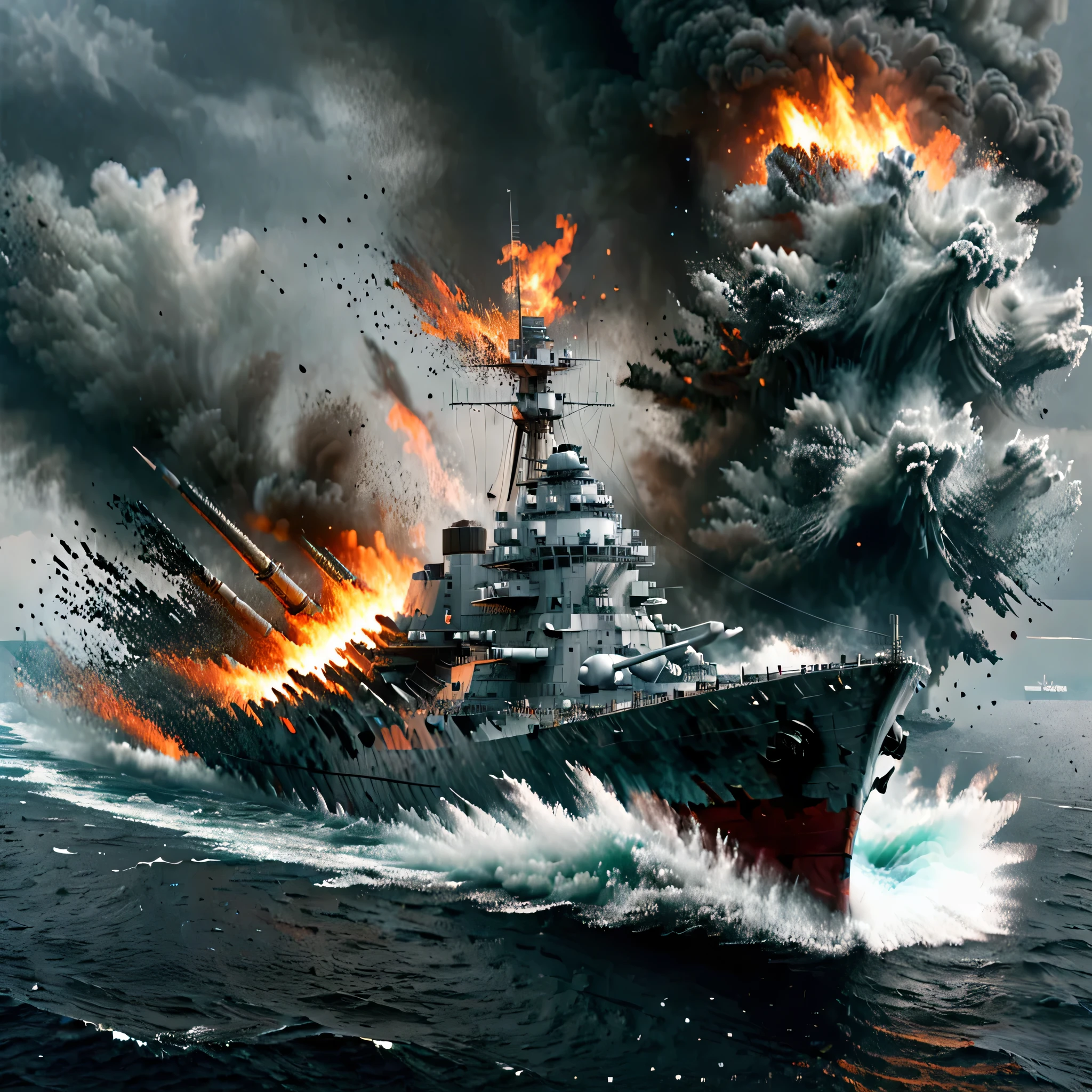 sinking military cruiser, warship in fire, View from a distance, (Best quality,4K,8 k,A high resolution,masterpiece:1.2), Abstract, warship, war scene, battlefield, massive waves, ominous clouds, aerial perspective, sinking ship, разрушенный warship, feeling of chaos