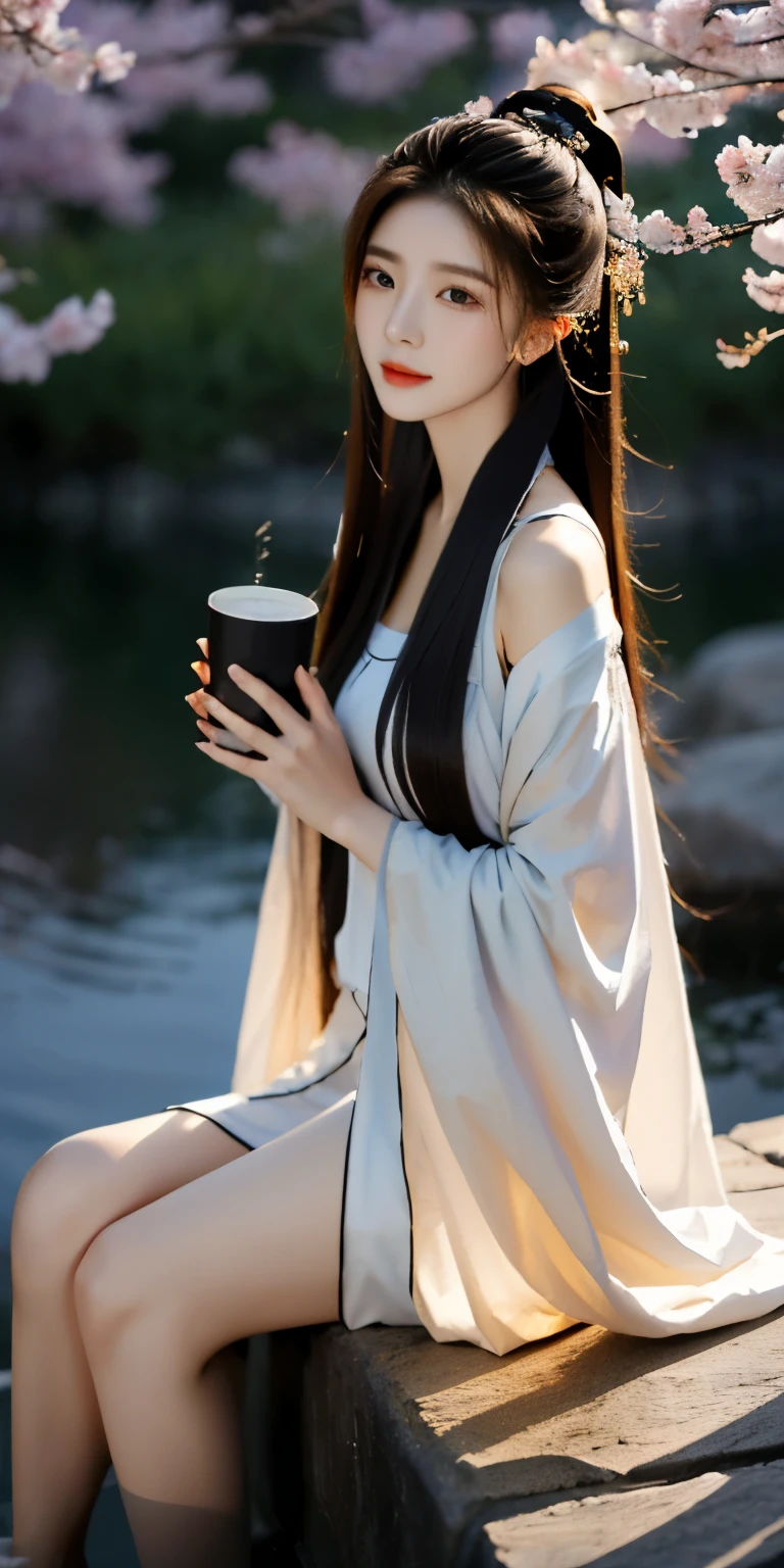 The viewer’s perspective is from above,masterpiece,real photos，(solo) Real light and shadow，Backlight，Contour light，Shallow depth of field。night time,A beautiful Chinese woman with long reddish-brown hair is sitting by the hot spring water and holding a large cup of Starbucks coffee,looking into camera, Wearing red gorgeous Hanfu，The moonlight shines through her clothes onto her skin，Fireworks are set off by the lake with a full moon in the background，Surrounded by cherry blossom trees，The petals are scattered in the air and on the ground in the wind，Fireflies flying everywhere