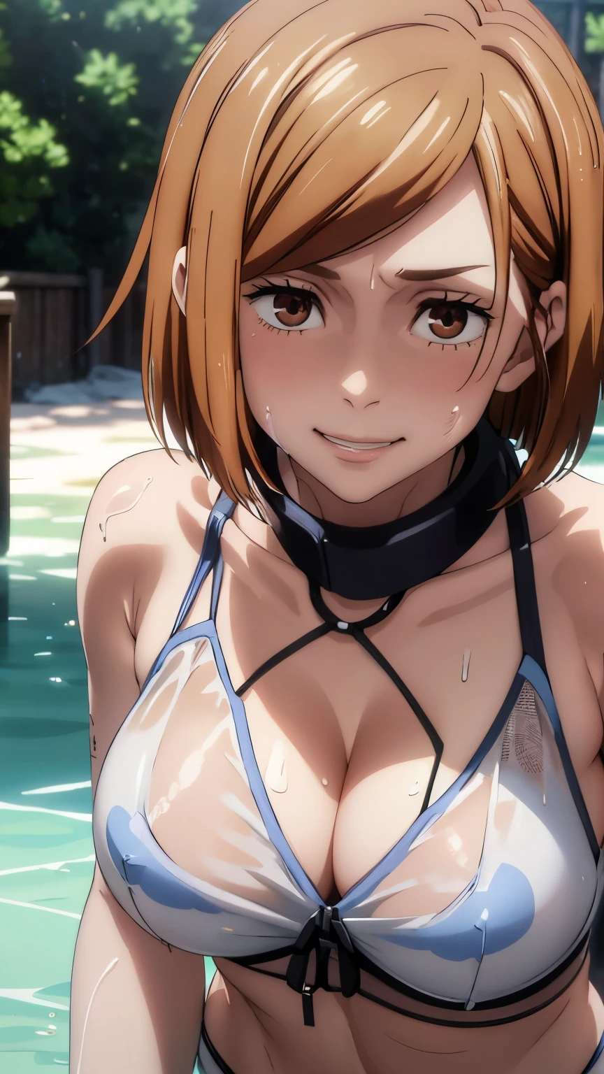 Nobara, ( upper body closeup shot ), ( Bokeh effect), white bikini, wet clothes, see through, clevage, wet, anime,seductive pose, smiling, cute, blushing, ultra high quality, ultra high definition, ultra realistic, 8k, masterpiece