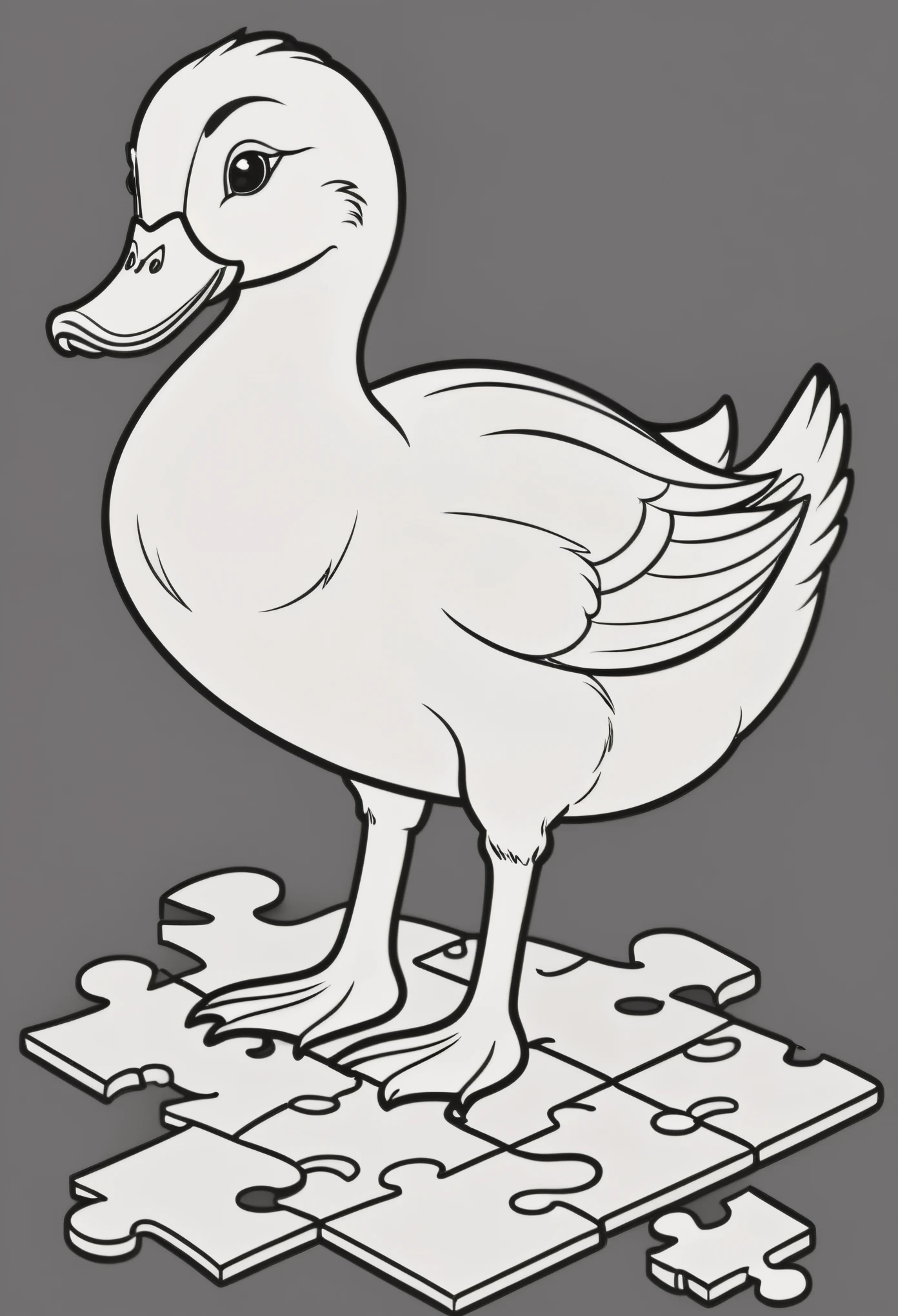  create a picture of a coloring book page with a smiling  duck, in Disney style simple line illustration style, with puzzle pieces and a very bold line. It will only be in black and white, sem cinza, and you will have a high quality full body view