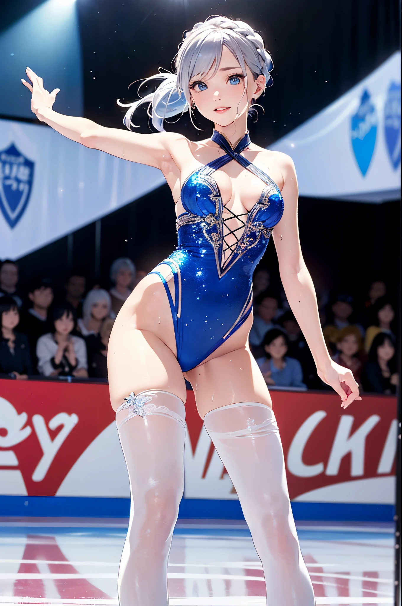 (Official art、Best Quality、Unity 8k Wallpapers、32K、masterpiece、ultra-detailliert、超A high resolution、realisitic、Photorealsitic:1.2)、(Cinematic lighting:1.2)、(Full body)、Realistic pupils、Sharp pupils、Blue and white figure skating costume、While skating、frilld、sharp focus、(Self-filling appearance:1.2)、I opened my mouth a little、A slight smil、There were a lot of people in the audience、It has an enthusiastic audience、(braided ponytails、Silvery beautiful hair、Ice blue eyes)、(Play Figure Skating、Stretch your arms and glide:1.2)、thighs thighs thighs thighs、(Sweating:1.2)、