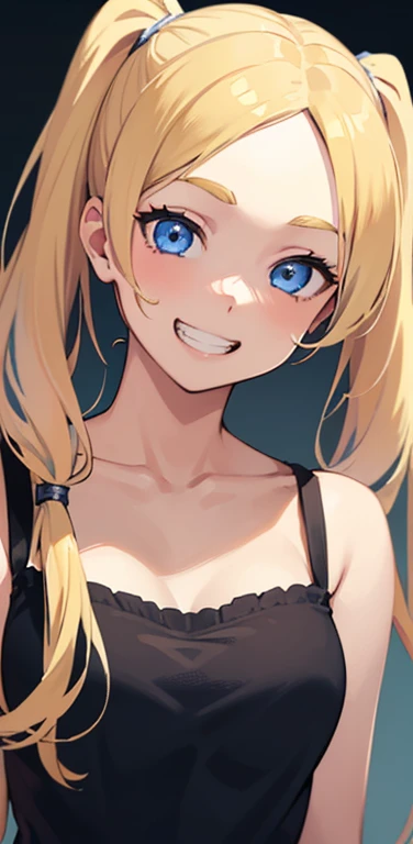 Realistic、1girl、blonde hair、twintails、blue eyes、(eye focus:1.3,face focus:1.3,upper body),(gradient eyes:1.3),(camisole)、open mouth,(grin:1.3),forehead,cute face