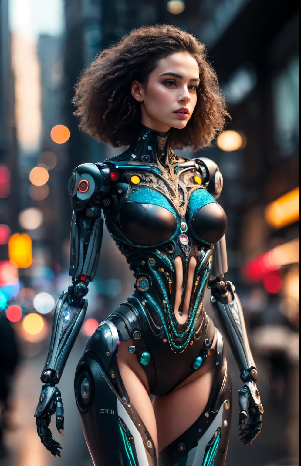 Woman-robot in the big city, high quality, absurdres, masterpiece, beautiful, intricate details, 1/2 body crop, slim body, beautiful figure, magnificent anatomy, (intricate details:1.12), HDR, (intricate details, hyper-detailing:1.15), (natural skin textures, hyper realisitc, soft light, Sharp:1.2)