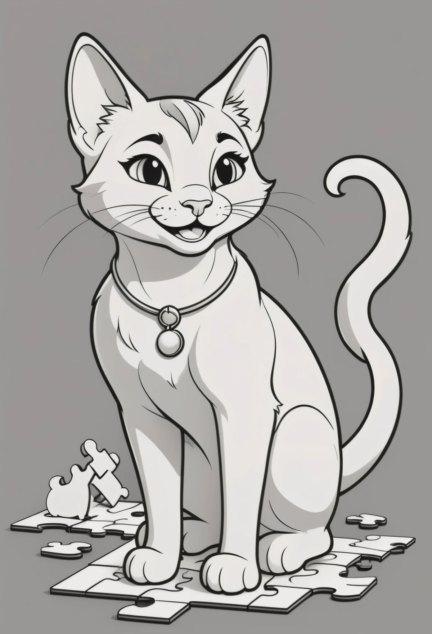   create a picture of a coloring book page with a smiling cat, in Disney style simple line illustration style, with puzzle pieces and a very bold line. It will only be in black and white, sem cinza, and you will have a high quality full body view