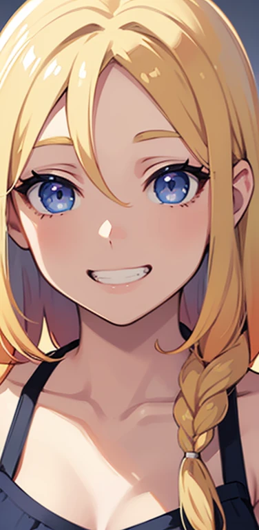 Realistic、1house wife、blonde hair、braid、blue eyes、(eye focus:1.3,face focus:1.3,upper body),(gradient eyes:1.3),(camisole)、open mouth,(grin:1.3),forehead,cute face