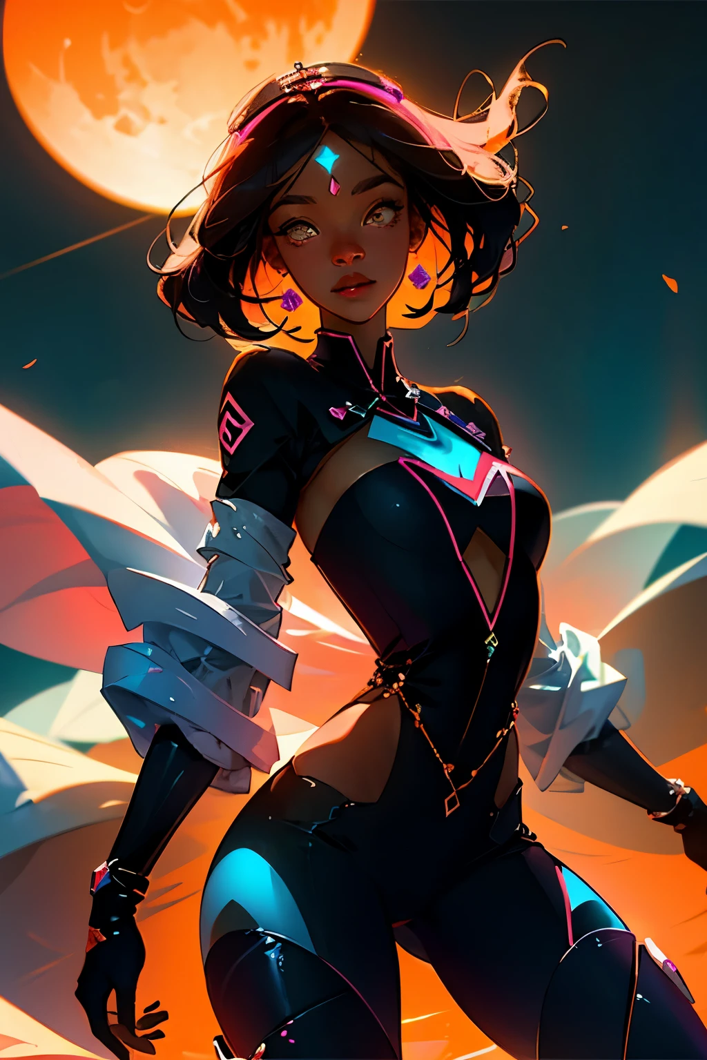 A black woman with a mystical aura, (beauty face:1.5), cool vibe, (triangle_symbol:1.3, crescent_moon:1.3) above her head, graces the pink background (dynamic_composition:1.4), filled with (orange_circles:1.3), emanating (luminous_aura:1.2), surrounded by an atmospheric, dreamlike atmosphere. Her captivating eyes (detailed_eyes:1.5) sparkle with intrigue, reflecting the vibrancy of her surroundings. The triangle and crescent symbol dance upon her forehead, subtly ill