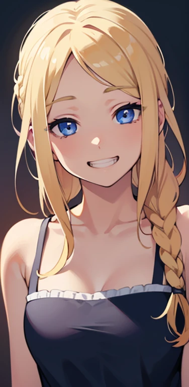 Realistic、1house wife、blonde hair、braid、blue eyes、(eye focus:1.3,face focus:,upper body),(gradient eyes:1.3),(camisole)、open mouth,(grin:1.3),forehead,cute face