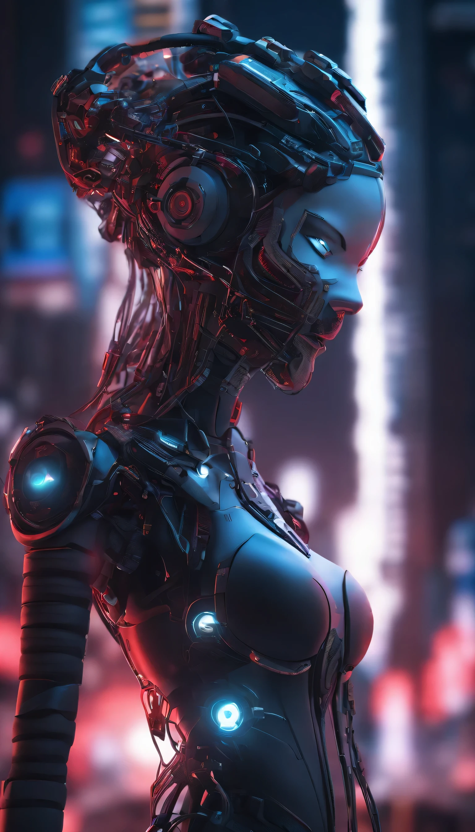 Ultra detailed mechanical cyberpunk female android center portrait, Anime style、Looking into the camera, Convoluted, Elegant, The ultra -The high-definition, Smooth, Sharp Focus, non-blur, No degrees of freedom, Extreme illustration, Unreal, Full body (Details), whole body highly detailed, (((Cable to connect to the monitor))), (((Machines that attach parts to the head))) | bio punk | cybernetics | Cyberpunk | | Canon M50| 100 mm| Sharp Focus | Hyper-Realism | Very detailed| Intricate details | full-body view, Small glowing LED lamp, Bright red neon highlights, global lighting, Deep Shadows, Octane Rendering, 8K, ultrasharp, Metal, Intricate decoration details, Baroque style details, high intricate detailed, Realistic light, Trends in CG, Facing the camera, neon details, (android factory on background). Red.