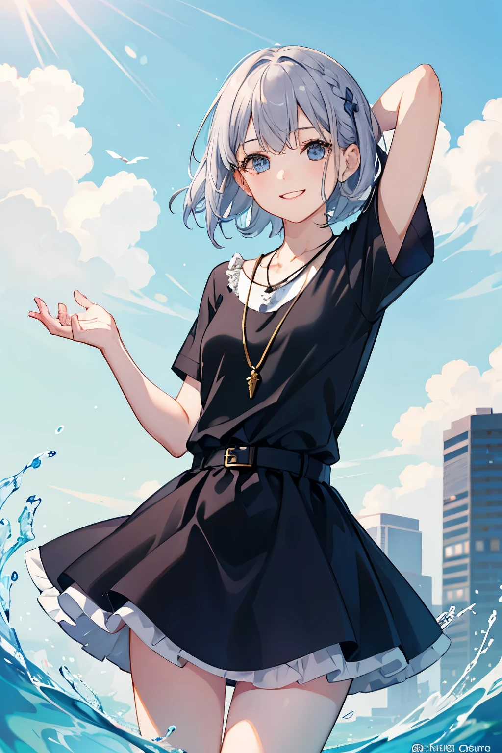 A young girl with an upper body exposed, showcasing her blue short sleeves and toned muscles, is depicted in a cute comic style. Her gray hair, framing her cheerful face, contrasts beautifully with her bright blue eyes sparkling under the direct sunlight. A happy smile graces her lips, and a silver necklace adds a touch of elegance to her look. The artwork is rendered in high quality, with detailed textures and vibrant colors, beautifully capturing the joy and energy of the scene.