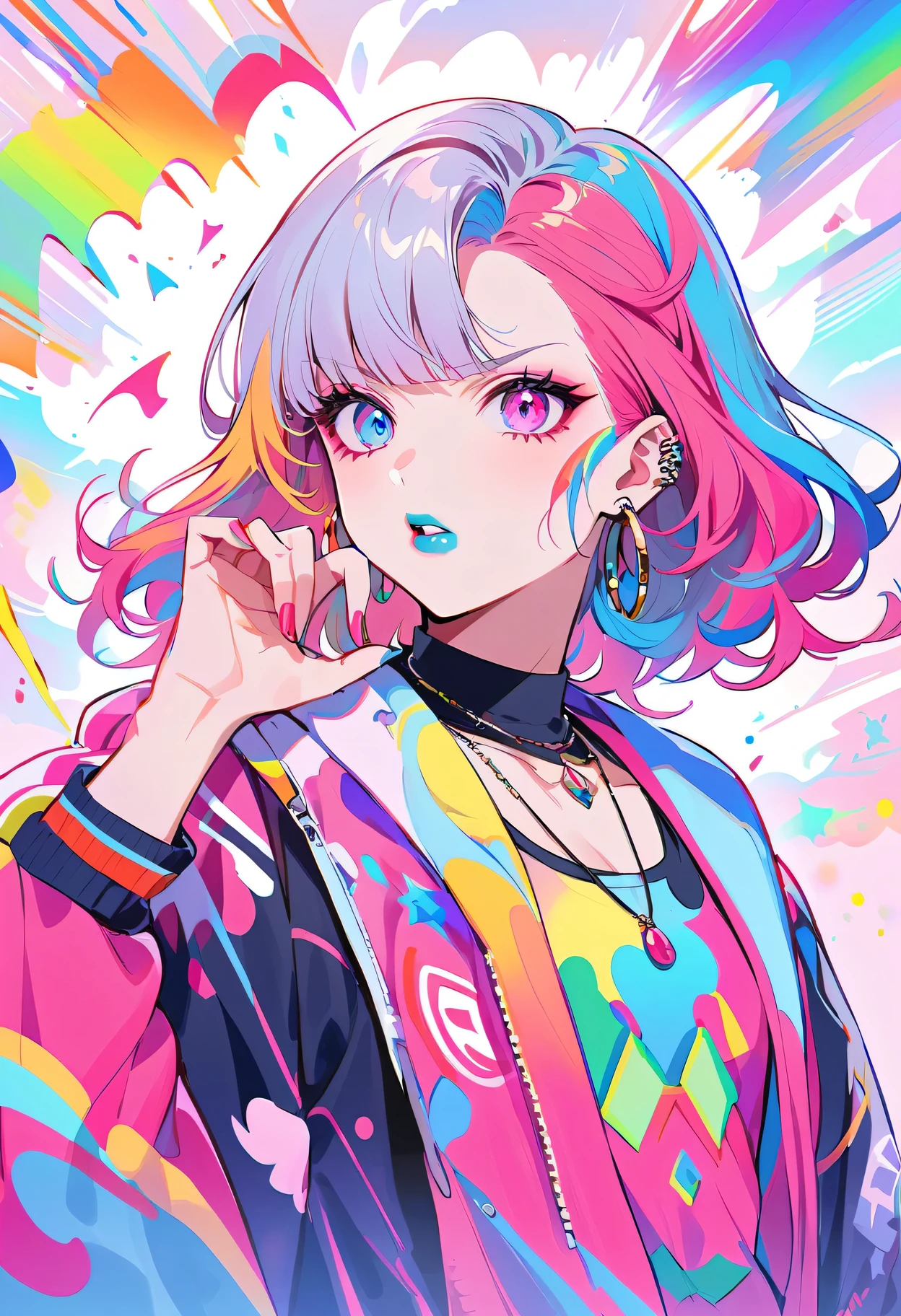 Upper body standing painting, rainbow style, 1 sister, alone, long gray hair, looking at the audience, blue eyes background, White background, jewelry, Jacket, pink hair, ear  ring, pink eyes, necklace, sweater, careful, eyelash, cosmetics, curls, punching, lipstick, piercing ears, eye shadow, hoop earrings, red pink lips, Color eyes, pink theme, 粉紅色eye shadow,