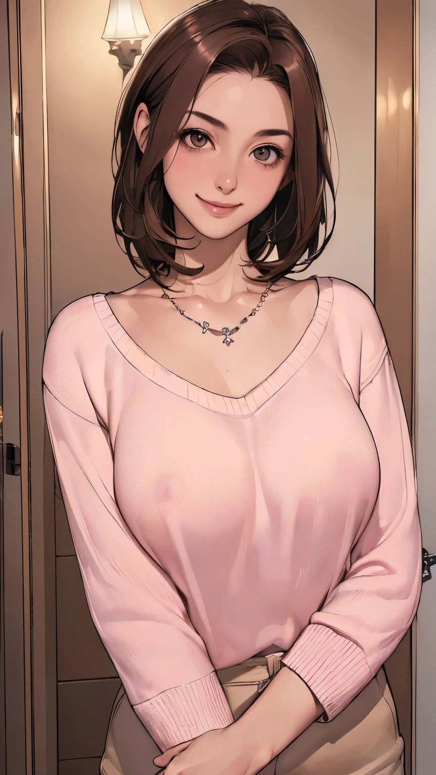 ((night、realistic light、highest quality、8K、masterpiece: 1.3))、1 girl、slim beauty: 1.4、(brown hair、medium breasts: 1.3)、Pink long sweater: 1.1、Bathroom、extra thin face、delicate eyes、 double eyelid、smile、necklace、brown eyes