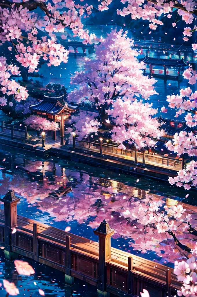 highest quality、Cherry blossoms at night、Cherry tree in full bloom、full moon、petal、light up、beautiful、fantasy