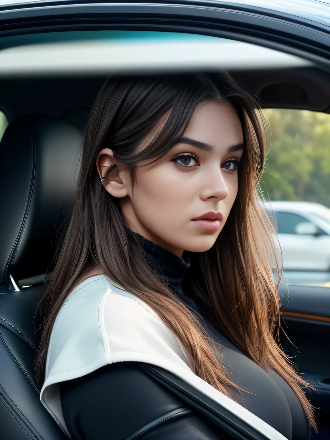 ultra detailed face, long messy hair, in a car ((side view, ultra detailed nordic eyes)), (((masterpiece, giant , giant breasts, ))), photo, bikini, realism, high contrast, photorealistic, photo, masterpiece, realistic, realism, photorealism, high contrast, photorealistic digital art trend on Artstation 8k HD high definition detailed realistic, detailed, skin texture, hyperdetailed, realistic skin texture, best quality, ultra high resolution, (photorealistic: 1.4), high resolution, detailed, raw photo, sharp re, camera kodak portra 400 lens f1.6 rich colors hyper realistic texture dramatic.