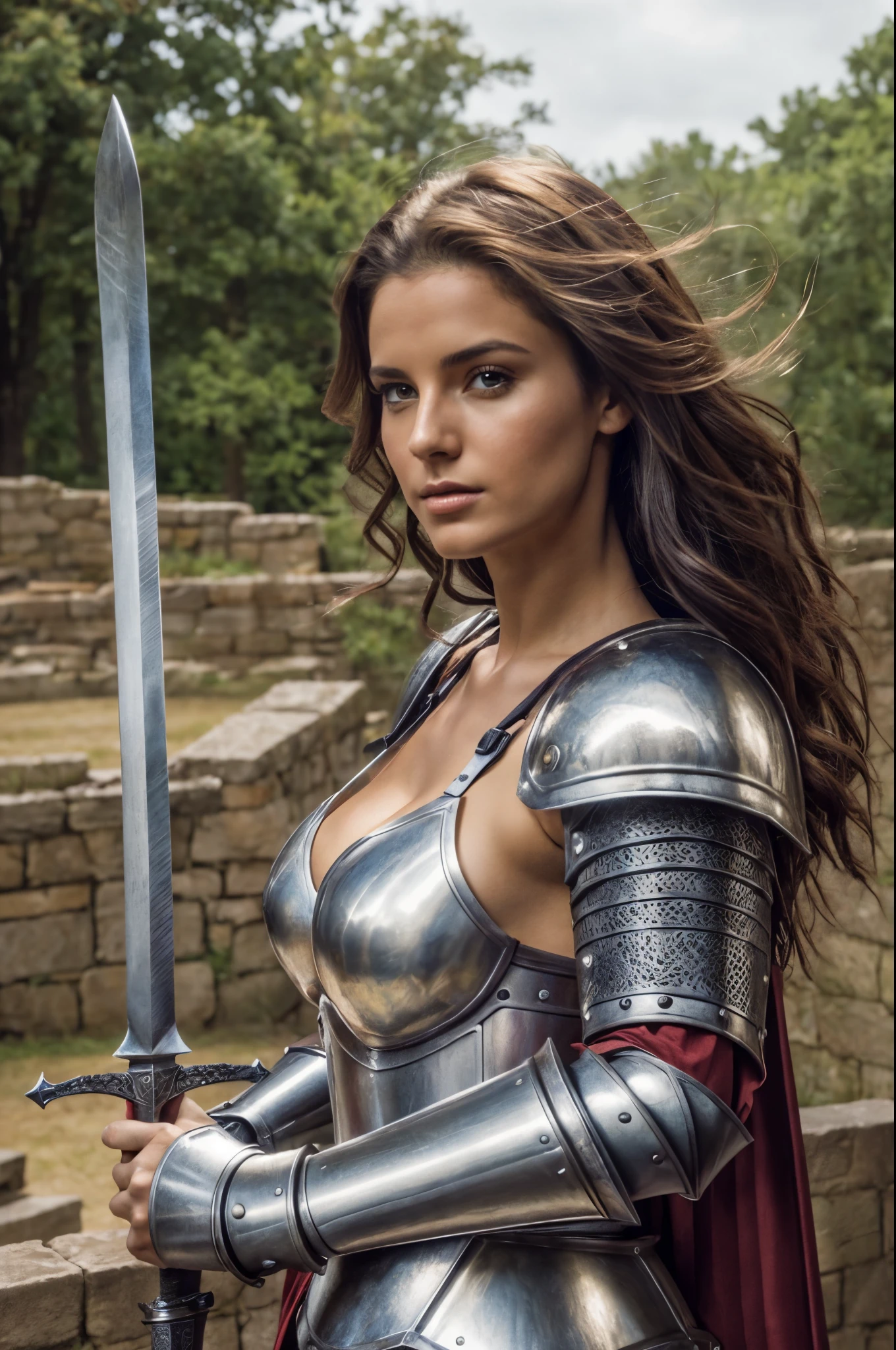 arafed woman in armor holding a sword and standing on a wall, beautiful female knight, of a beautiful female knight, girl in knight armor, gorgeous female paladin, female knight, dressed in armor, beautiful female warrior, beautiful armor, portrait knight female, bikini armor female knight, fantasy paladin woman, armor girl, stunning armor, gorgeous woman, female medieval knight