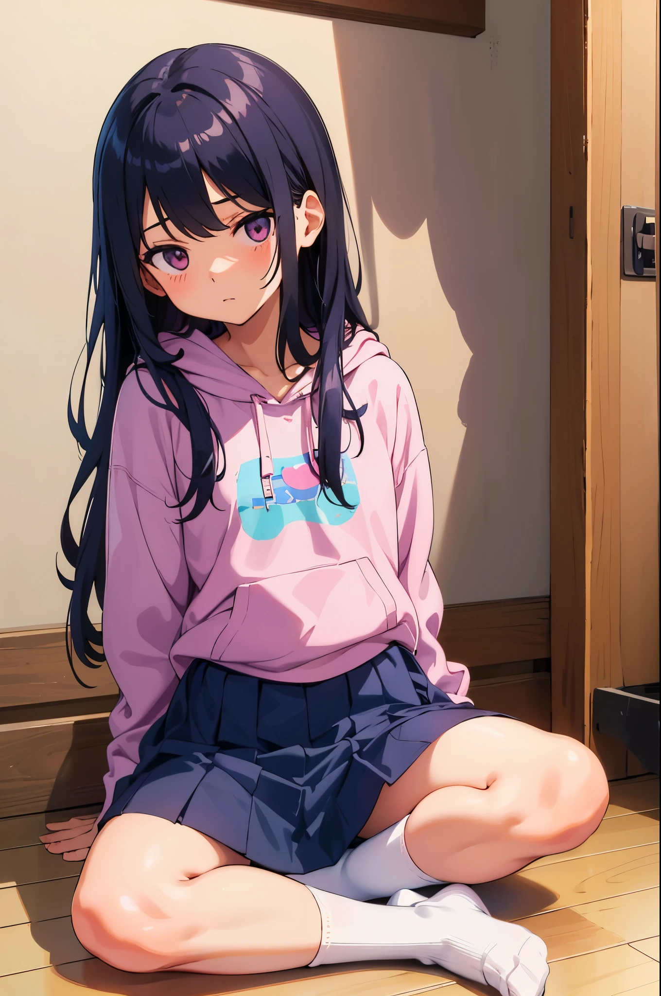 Inside the hamburger shop elementary school girl 8-year-old flat chest black hair long hair eyes are purple ((1 person)) Hooded hoodie with upper body pink Lower body navy blue miniskirt white panties white socks sports boots daytime There's a hamburger on the table sitting in a chair ((足を開いてwhite pantiesが見える)) from the front Low angle centered on the crotch