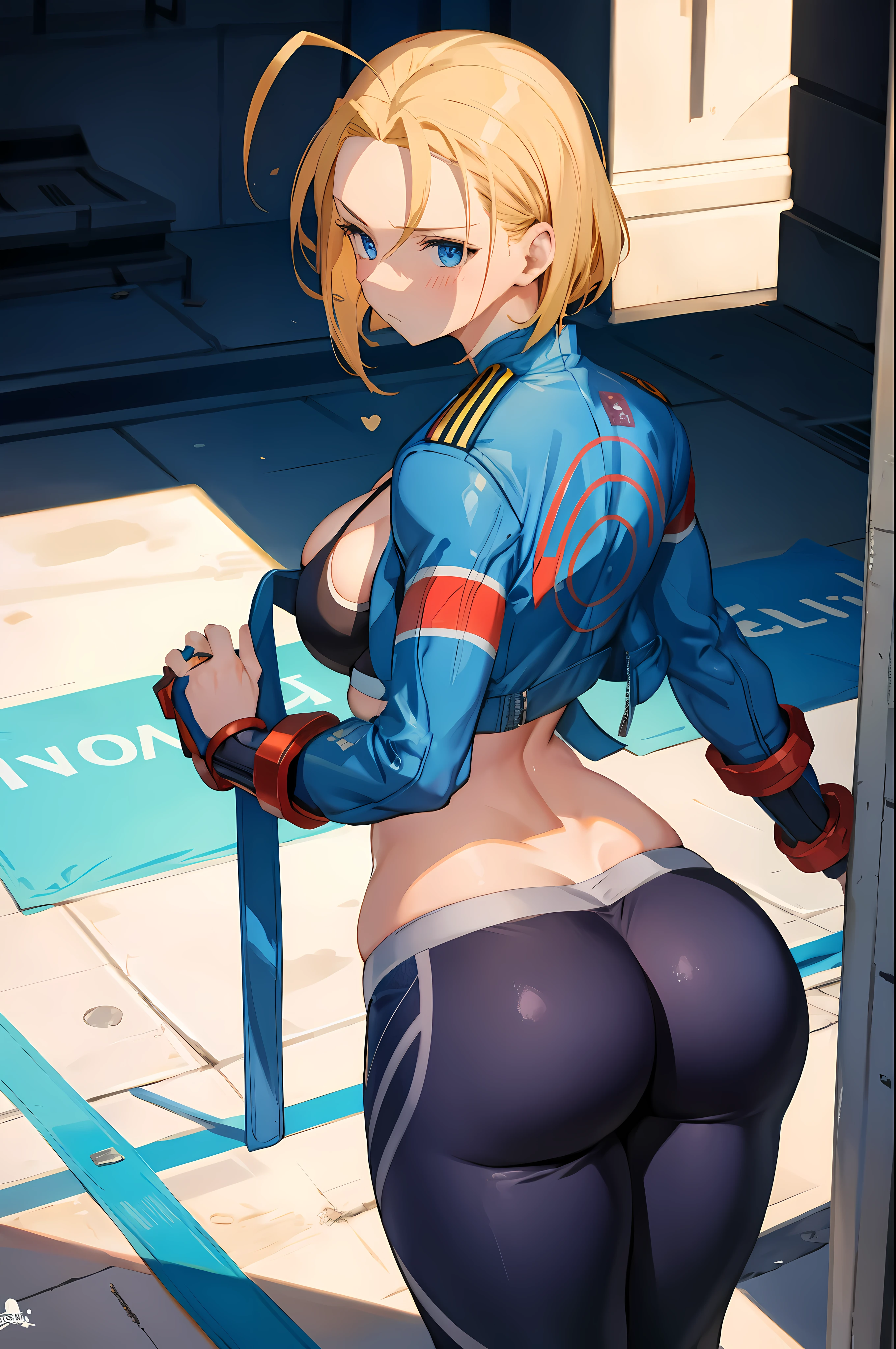 Cami SF6,alone ,sexy중년여성,  wide hips , blonde hair , blue eyes, Short hair, be good at sports , blue jacket , yoga pants, blush , Antenna hair, healthy ,( split) , sexy , from behind, ~am