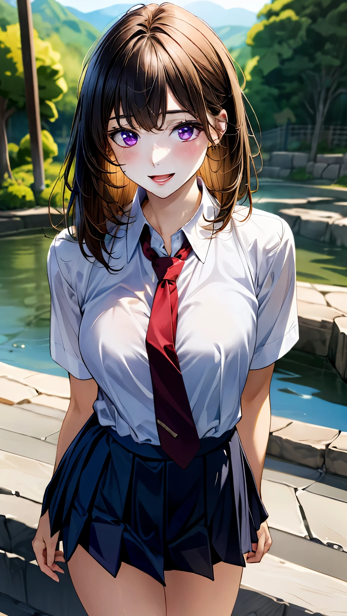 (masterpiece:1.3, top-quality, ultra high res, ultra detailed), (realistic, photorealistic:1.4), beautiful illustration, perfect lighting, natural lighting, colorful, depth of fields, 
beautiful detailed hair, beautiful detailed face, beautiful detailed eyes, beautiful clavicle, beautiful body, beautiful chest, beautiful thigh, beautiful legs, beautiful fingers, 
looking at viewer, 1 girl, japanese, high school girl, perfect face, (perfect anatomy, anatomically correct), cute and symmetrical face, babyface, , shiny skin, 
(middle hair:1.5, straight hair:1.4, blonde hair), swept bangs, cliped bangs, dark purple eyes, long eye lasher, (medium breasts), slender, 
((collared white shirt, navy pleated skirt, dark red tie)), navy school socks, , 
(beautiful scenery), evening, (hot spring town), standing, hands on chest, (seductive smile, open mouth), 