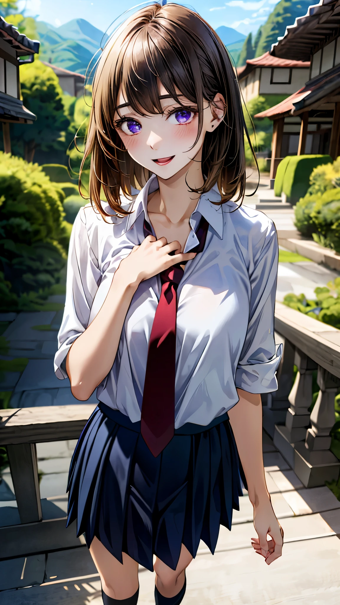 (masterpiece:1.3, top-quality, ultra high res, ultra detailed), (realistic, photorealistic:1.4), beautiful illustration, perfect lighting, natural lighting, colorful, depth of fields,
beautiful detailed hair, beautiful detailed face, beautiful detailed eyes, beautiful clavicle, beautiful body, beautiful chest, beautiful thigh, beautiful legs, beautiful fingers,
looking at viewer, 1 girl, japanese, high school girl, perfect face, (perfect anatomy, anatomically correct), cute and symmetrical face, babyface, , shiny skin,
(middle hair:1.5, straight hair:1.4, blonde hair), swept bangs, cliped bangs, dark purple eyes, long eye lasher, (medium breasts), slender,
((collared white shirt, navy pleated skirt, dark red tie)), navy school socks, ,
(beautiful scenery), evening, (hot spring town), standing, hands on chest, (seductive smile, open mouth),