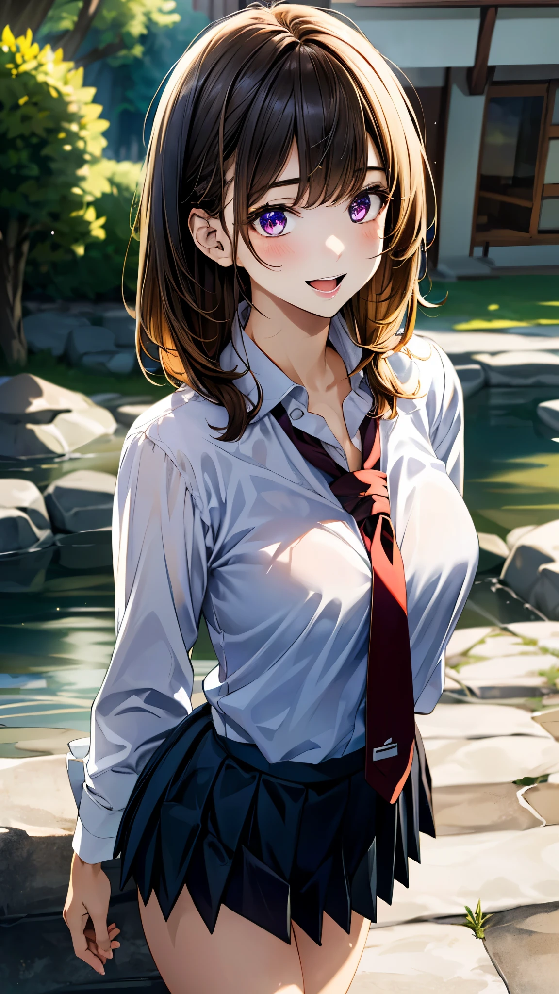 (masterpiece:1.3, top-quality, ultra high res, ultra detailed), (realistic, photorealistic:1.4), beautiful illustration, perfect lighting, natural lighting, colorful, depth of fields,
beautiful detailed hair, beautiful detailed face, beautiful detailed eyes, beautiful clavicle, beautiful body, beautiful chest, beautiful thigh, beautiful legs, beautiful fingers,
looking at viewer, 1 girl, japanese, high school girl, perfect face, (perfect anatomy, anatomically correct), cute and symmetrical face, babyface, , shiny skin,
(middle hair:1.5, straight hair:1.4, blonde hair), swept bangs, cliped bangs, dark purple eyes, long eye lasher, (medium breasts), slender,
((collared white shirt, navy pleated skirt, dark red tie)), navy school socks, ,
(beautiful scenery), evening, (hot spring town), standing, hands on chest, (seductive smile, open mouth),