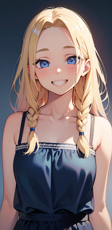 Realistic、1house wife、blonde hair、braid、blue eyes、(eye focus:1.3,face focus,cowboy shot),(gradient eyes:1.3),(camisole)、open mouth,(grin:1.3),forehead,cute face