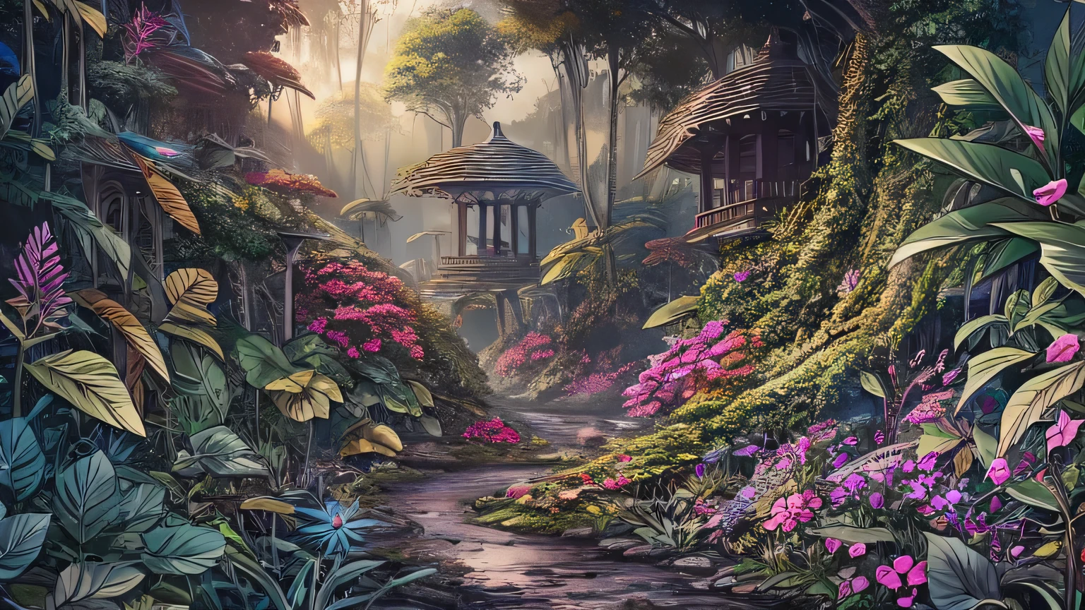A detailed and intricate digital illustration of a dense jungle full of exotic flora and fauna, with sunlight filtering through the canopy creating a dappled effect. Yoshitaka Amano and Hayao Miyazaki's style, masterpieces, proportions, details, art station trends, beautiful lighting, realistic, intricate, award winning, 4k, highest quality award winning, 4K digital painting in the style of Yoshitaka Amano. A detailed and intricate depiction of the zombie apocalypse, masterfully capturing the chaos and drama of the scene. Beautiful lighting and cinematic composition make this piece a true masterpiece, trending on artstation
